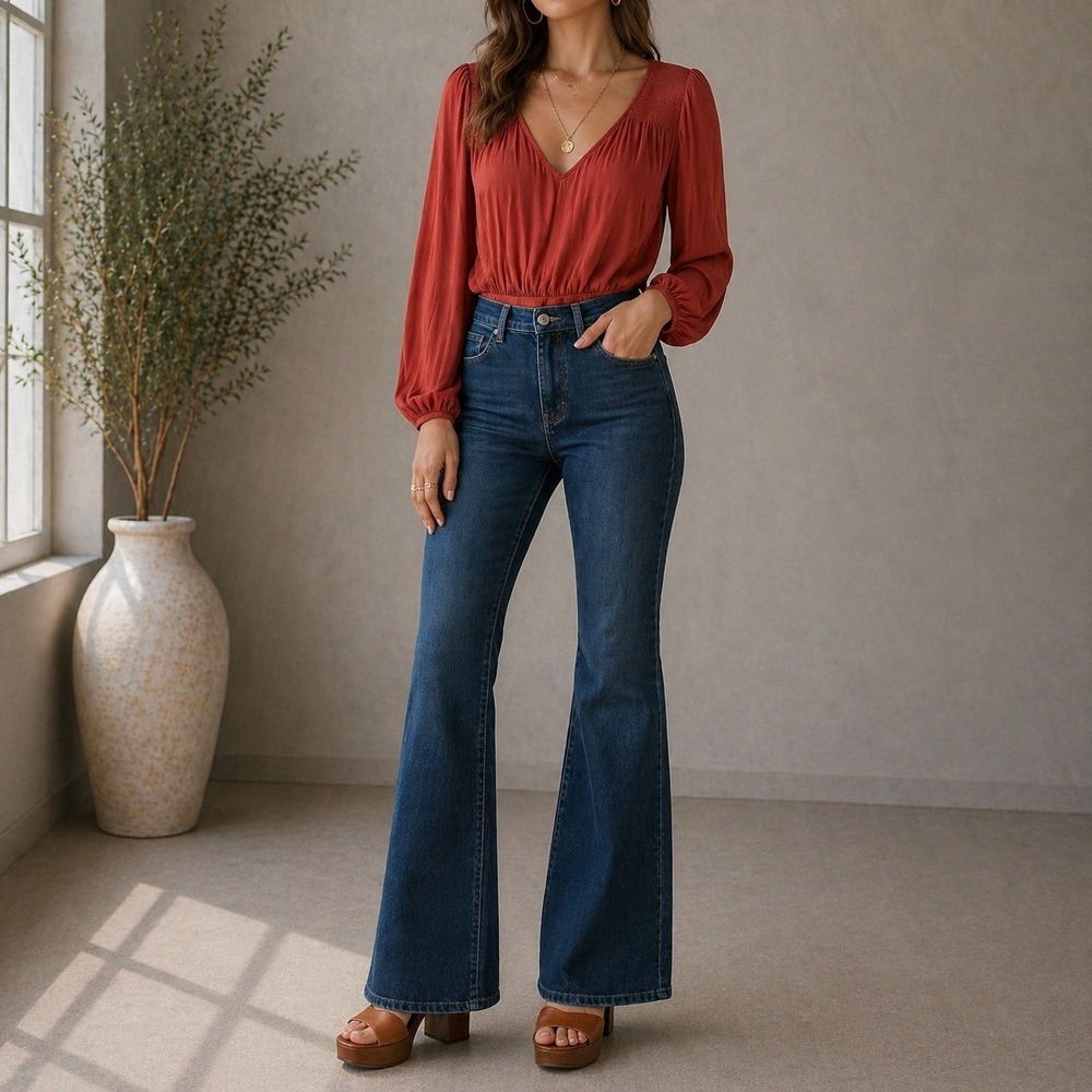 Free People Bodysuit Womens Small Rust Orange Smocked V-Neck